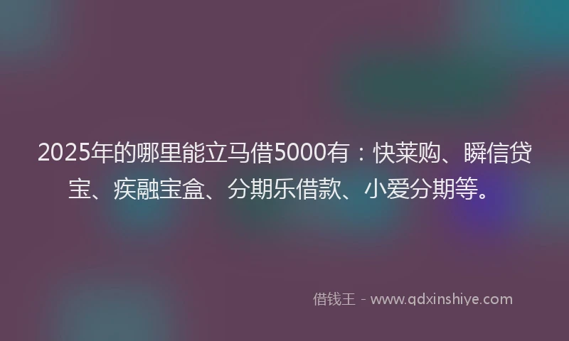 2025年的哪里能立马借5000有：快莱购、瞬信贷宝、疾融宝盒、分期乐借款、小爱分期等。