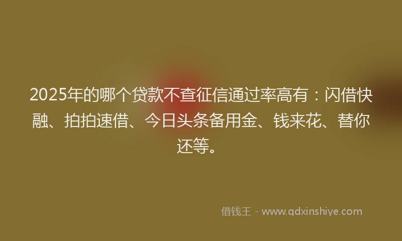 2025年的哪个贷款不查征信通过率高有：闪借快融、拍拍速借、今日头条备用金、钱来花、替你还等。