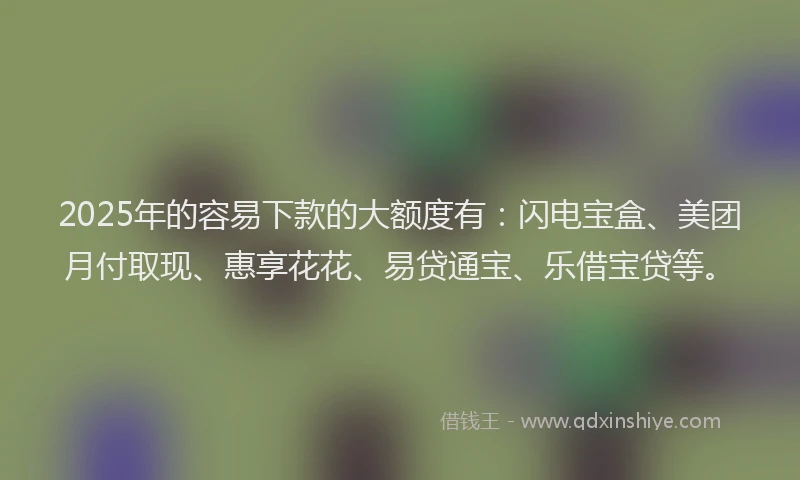 2025年的容易下款的大额度有：闪电宝盒、美团月付取现、惠享花花、易贷通宝、乐借宝贷等。