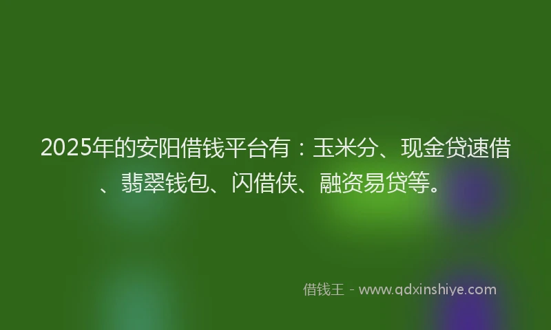 2025年的安阳借钱平台有：玉米分、现金贷速借、翡翠钱包、闪借侠、融资易贷等。