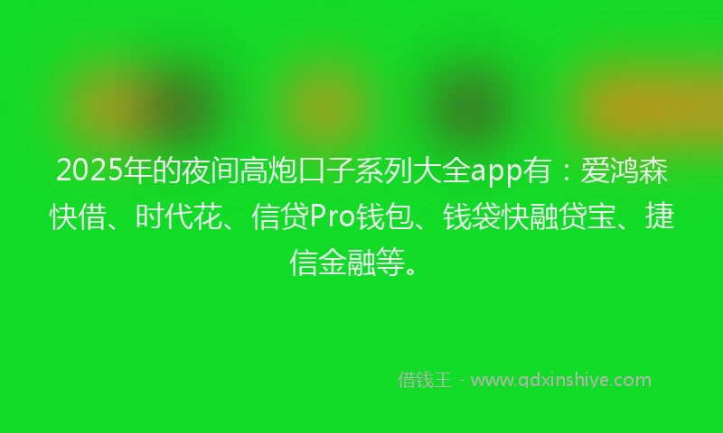2025年的夜间高炮口子系列大全app有：爱鸿森快借、时代花、信贷Pro钱包、钱袋快融贷宝、捷信金融等。