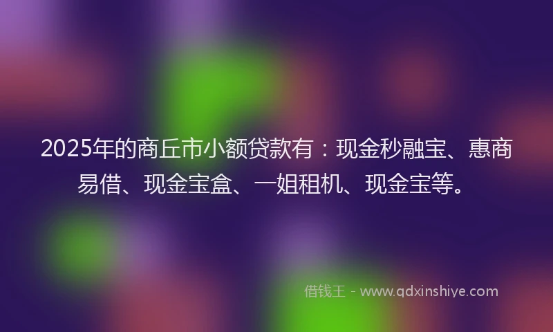 2025年的商丘市小额贷款有：现金秒融宝、惠商易借、现金宝盒、一姐租机、现金宝等。