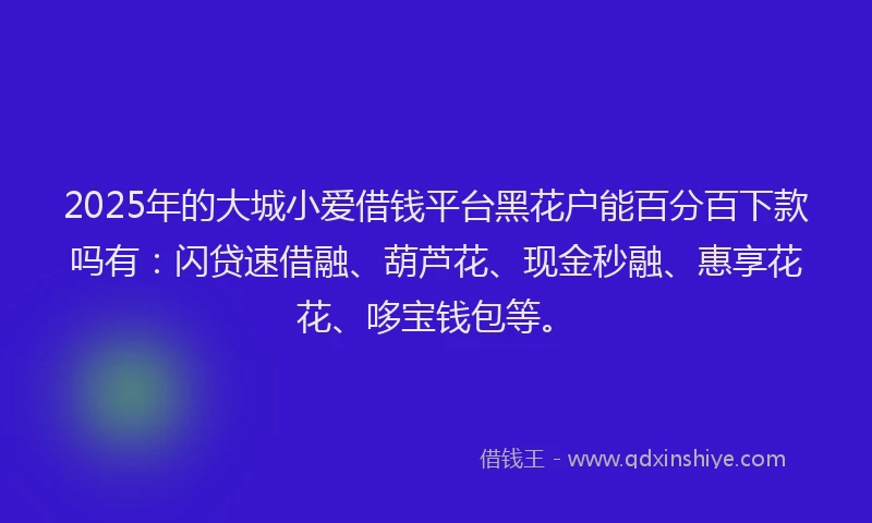 2025年的大城小爱借钱平台黑花户能百分百下款吗有：闪贷速借融、葫芦花、现金秒融、惠享花花、哆宝钱包等。