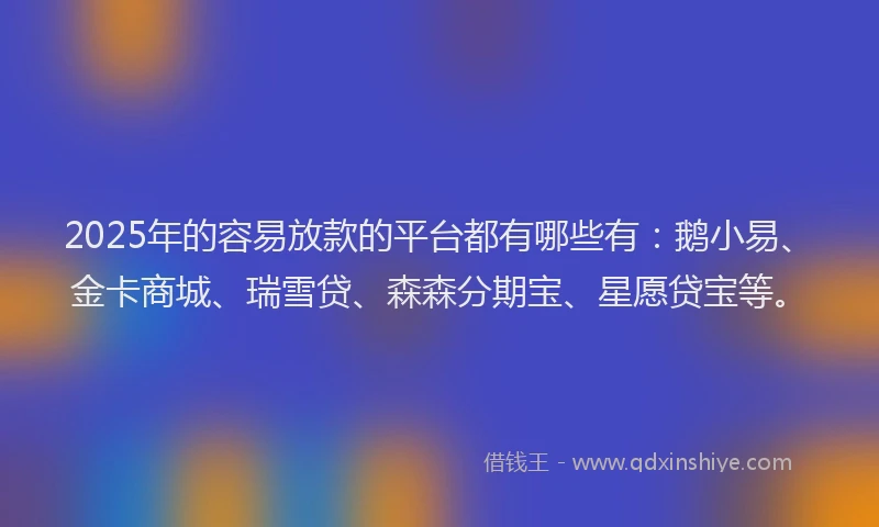 2025年的容易放款的平台都有哪些有：鹅小易、金卡商城、瑞雪贷、森森分期宝、星愿贷宝等。