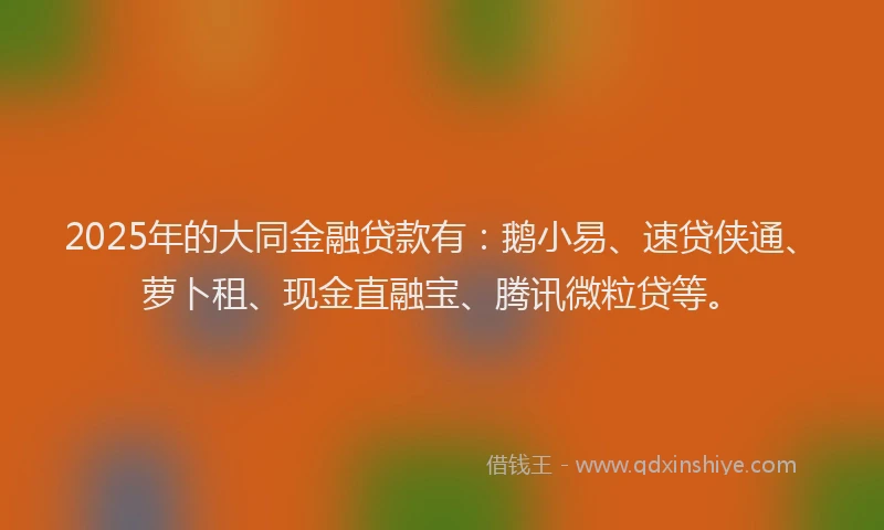 2025年的大同金融贷款有：鹅小易、速贷侠通、萝卜租、现金直融宝、腾讯微粒贷等。