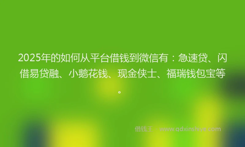 2025年的如何从平台借钱到微信有：急速贷、闪借易贷融、小鹅花钱、现金侠士、福瑞钱包宝等。