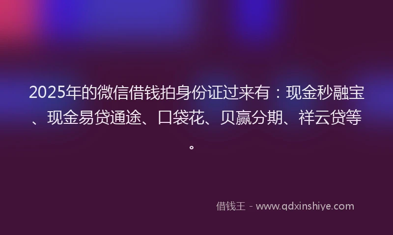 2025年的微信借钱拍身份证过来有：现金秒融宝、现金易贷通途、口袋花、贝赢分期、祥云贷等。