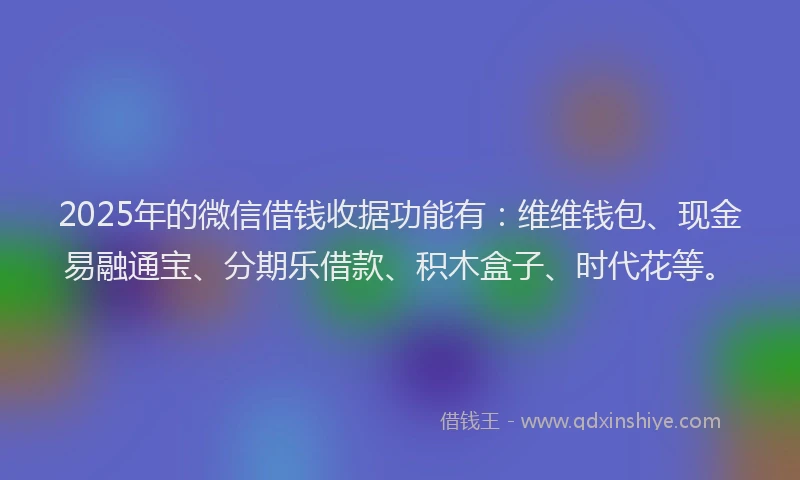 2025年的微信借钱收据功能有：维维钱包、现金易融通宝、分期乐借款、积木盒子、时代花等。