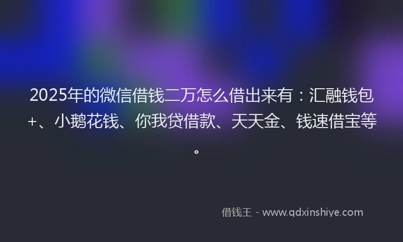 2025年的微信借钱二万怎么借出来有：汇融钱包+、小鹅花钱、你我贷借款、天天金、钱速借宝等。