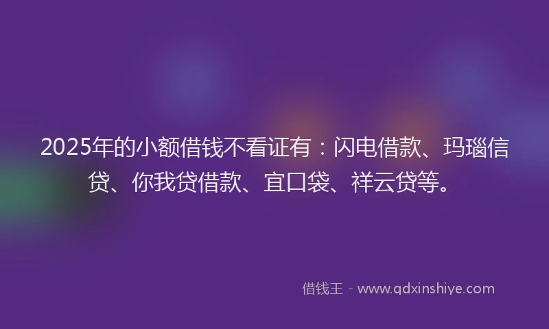 2025年的小额借钱不看证有：闪电借款、玛瑙信贷、你我贷借款、宜口袋、祥云贷等。