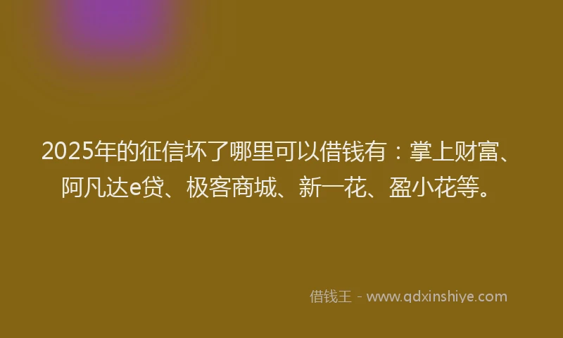 2025年的征信坏了哪里可以借钱有：掌上财富、阿凡达e贷、极客商城、新一花、盈小花等。