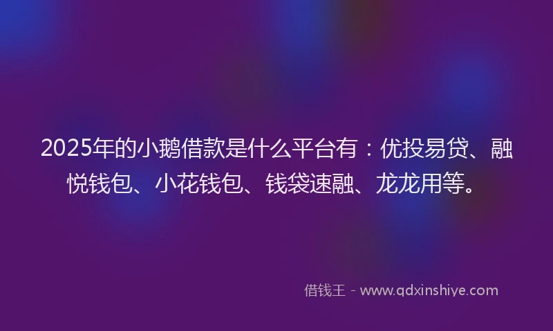 2025年的小鹅借款是什么平台有：优投易贷、融悦钱包、小花钱包、钱袋速融、龙龙用等。
