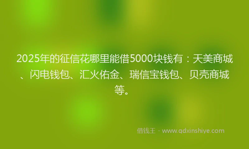 2025年的征信花哪里能借5000块钱有：天美商城、闪电钱包、汇火佑金、瑞信宝钱包、贝壳商城等。