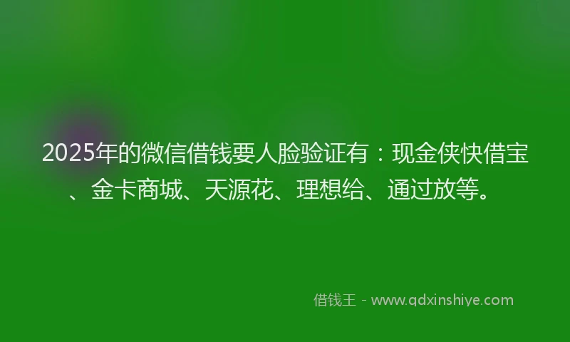 2025年的微信借钱要人脸验证有：现金侠快借宝、金卡商城、天源花、理想给、通过放等。