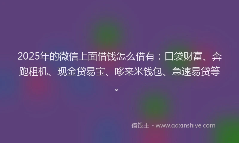 2025年的微信上面借钱怎么借有：口袋财富、奔跑租机、现金贷易宝、哆来米钱包、急速易贷等。