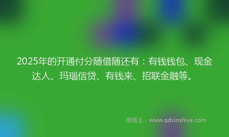 2025年的开通付分随借随还有：有钱钱包、现金达人、玛瑙信贷、有钱来、招联金融等。