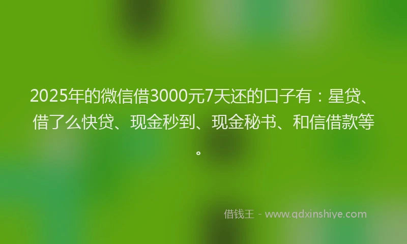 2025年的微信借3000元7天还的口子有：星贷、借了么快贷、现金秒到、现金秘书、和信借款等。