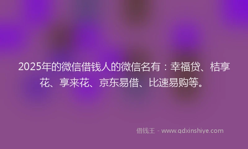 2025年的微信借钱人的微信名有：幸福贷、桔享花、享来花、京东易借、比速易购等。