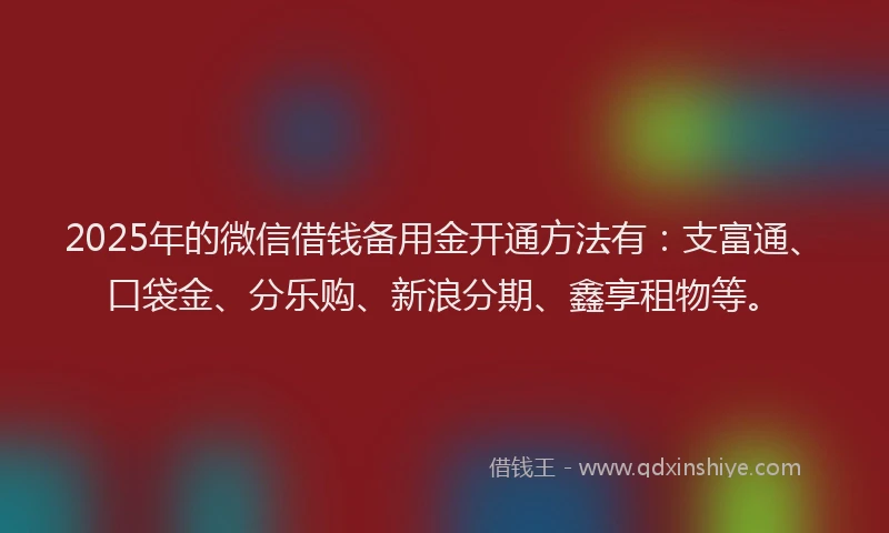 2025年的微信借钱备用金开通方法有：支富通、口袋金、分乐购、新浪分期、鑫享租物等。