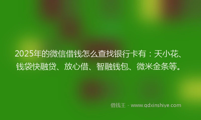 2025年的微信借钱怎么查找银行卡有：天小花、钱袋快融贷、放心借、智融钱包、微米金条等。
