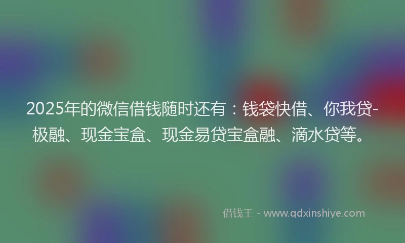2025年的微信借钱随时还有：钱袋快借、你我贷-极融、现金宝盒、现金易贷宝盒融、滴水贷等。