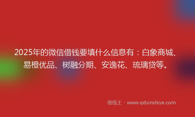 2025年的微信借钱要填什么信息有：白象商城、易橙优品、树融分期、安逸花、琉璃贷等。