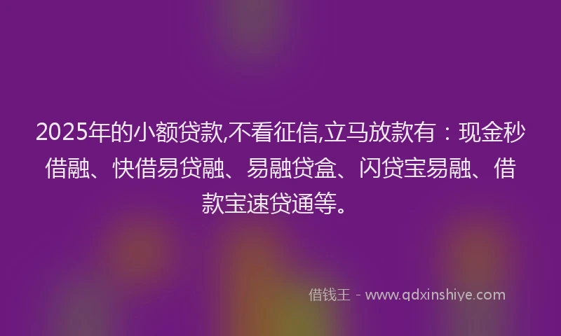 2025年的小额贷款,不看征信,立马放款有：现金秒借融、快借易贷融、易融贷盒、闪贷宝易融、借款宝速贷通等。