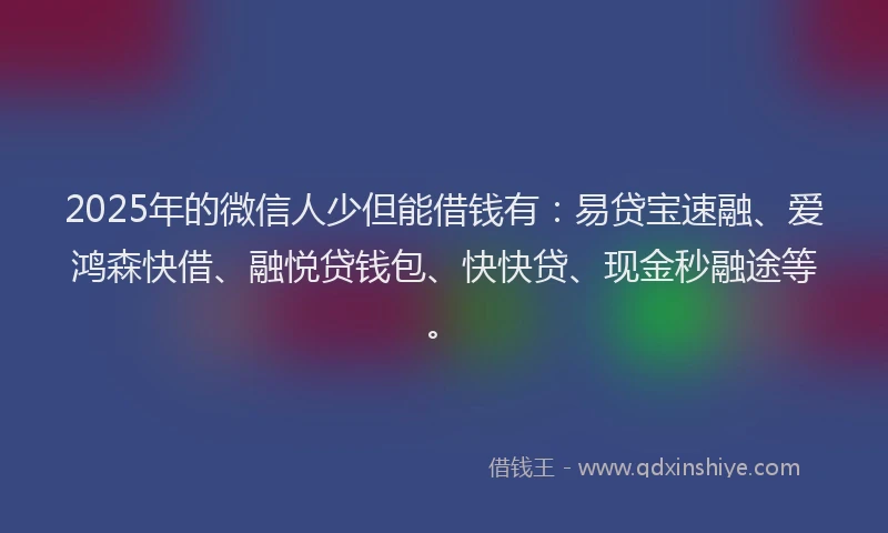 2025年的微信人少但能借钱有：易贷宝速融、爱鸿森快借、融悦贷钱包、快快贷、现金秒融途等。