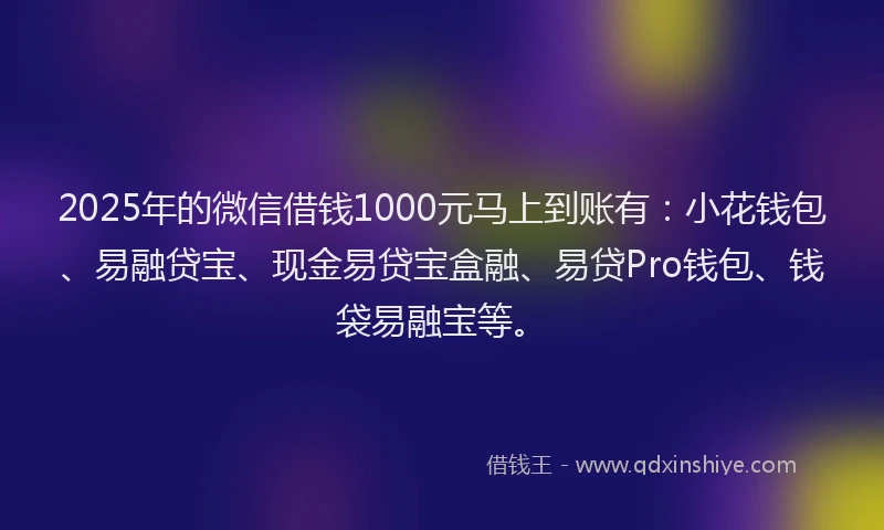 2025年的微信借钱1000元马上到账有：小花钱包、易融贷宝、现金易贷宝盒融、易贷Pro钱包、钱袋易融宝等。