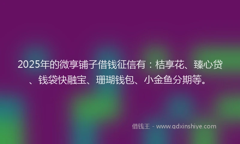 2025年的微享铺子借钱征信有：桔享花、臻心贷、钱袋快融宝、珊瑚钱包、小金鱼分期等。