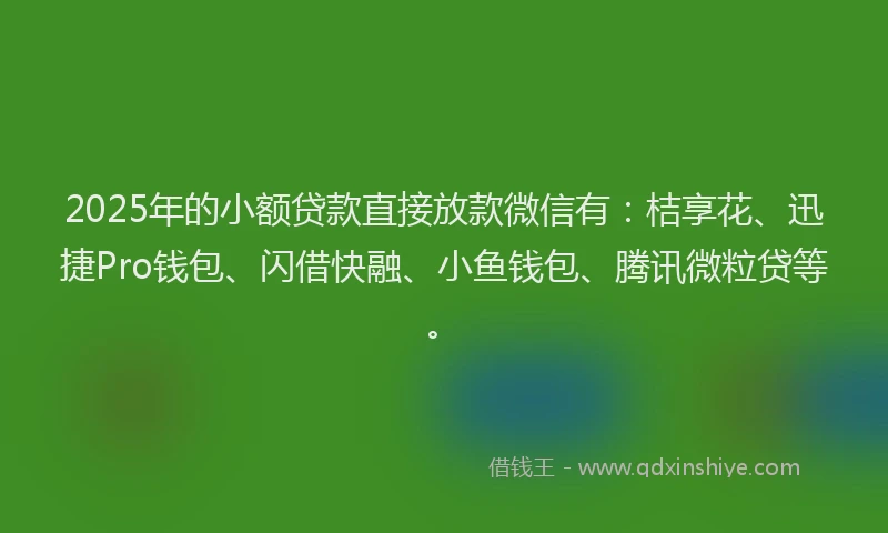 2025年的小额贷款直接放款微信有：桔享花、迅捷Pro钱包、闪借快融、小鱼钱包、腾讯微粒贷等。