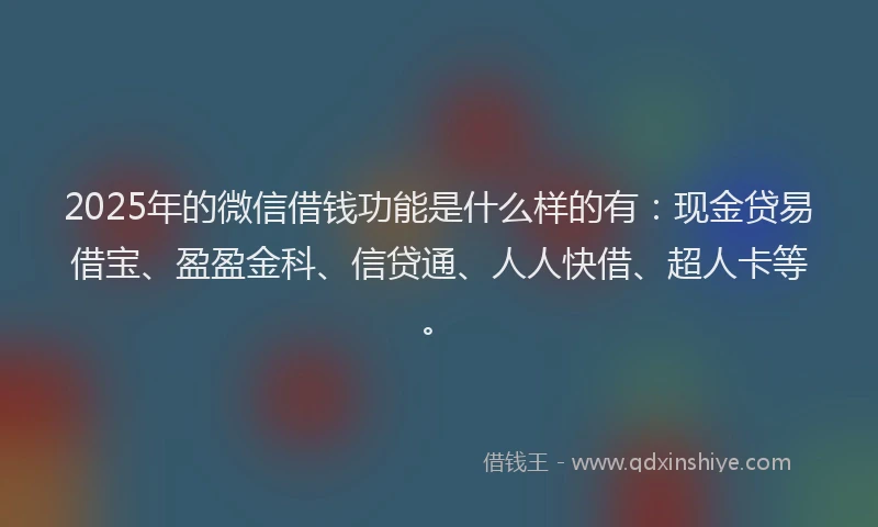 2025年的微信借钱功能是什么样的有：现金贷易借宝、盈盈金科、信贷通、人人快借、超人卡等。