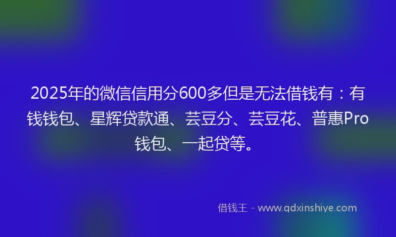 2025年的微信信用分600多但是无法借钱有：有钱钱包、星辉贷款通、芸豆分、芸豆花、普惠Pro钱包、一起贷等。