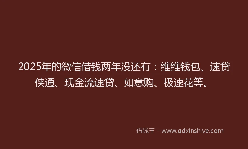 2025年的微信借钱两年没还有：维维钱包、速贷侠通、现金流速贷、如意购、极速花等。