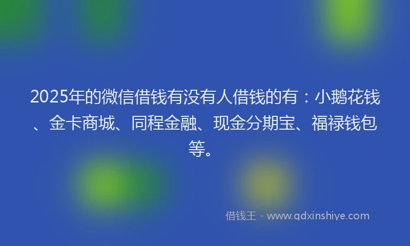 2025年的微信借钱有没有人借钱的有：小鹅花钱、金卡商城、同程金融、现金分期宝、福禄钱包等。