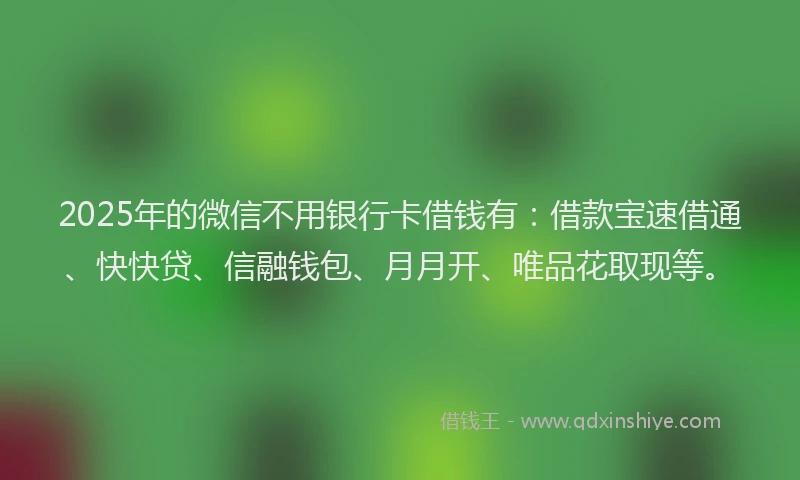 2025年的微信不用银行卡借钱有：借款宝速借通、快快贷、信融钱包、月月开、唯品花取现等。
