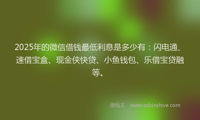 2025年的微信借钱最低利息是多少有：闪电通、速借宝盒、现金侠快贷、小鱼钱包、乐借宝贷融等。