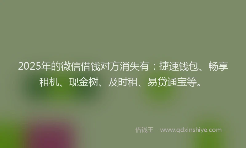 2025年的微信借钱对方消失有：捷速钱包、畅享租机、现金树、及时租、易贷通宝等。