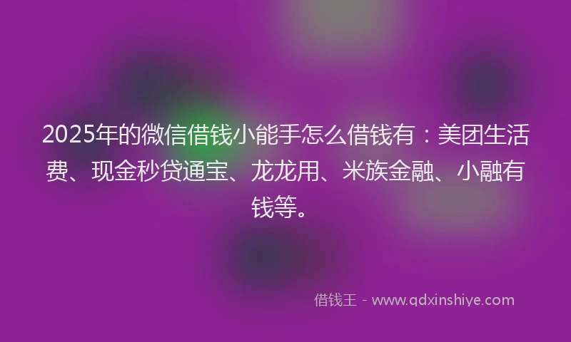 2025年的微信借钱小能手怎么借钱有：美团生活费、现金秒贷通宝、龙龙用、米族金融、小融有钱等。