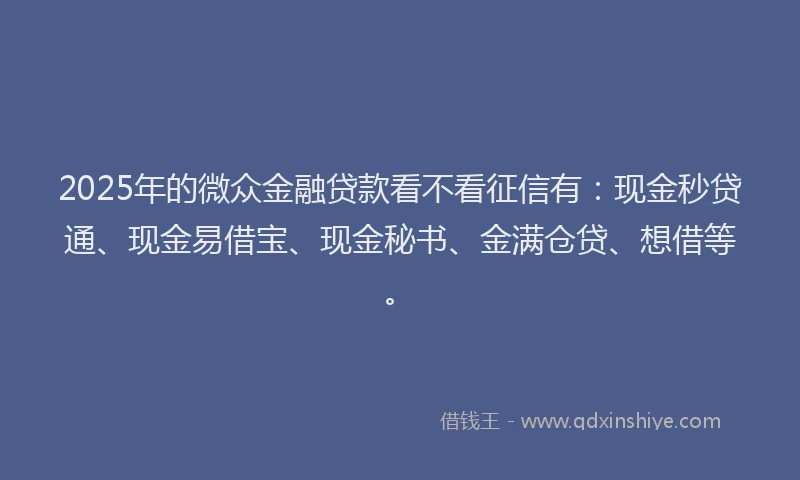 2025年的微众金融贷款看不看征信有：现金秒贷通、现金易借宝、现金秘书、金满仓贷、想借等。