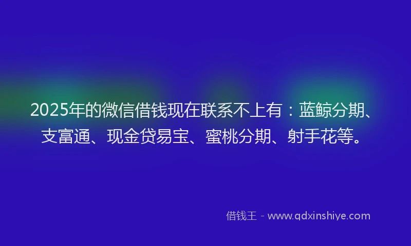 2025年的微信借钱现在联系不上有：蓝鲸分期、支富通、现金贷易宝、蜜桃分期、射手花等。
