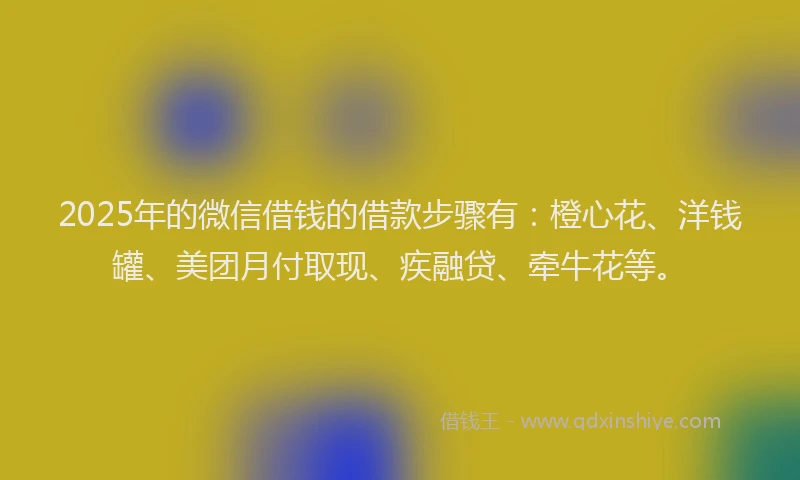 2025年的微信借钱的借款步骤有：橙心花、洋钱罐、美团月付取现、疾融贷、牵牛花等。
