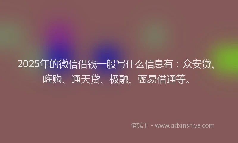 2025年的微信借钱一般写什么信息有：众安贷、嗨购、通天贷、极融、甄易借通等。