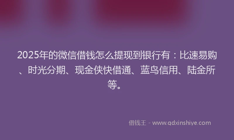2025年的微信借钱怎么提现到银行有：比速易购、时光分期、现金侠快借通、蓝鸟信用、陆金所等。