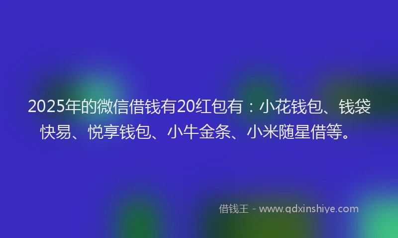 2025年的微信借钱有20红包有：小花钱包、钱袋快易、悦享钱包、小牛金条、小米随星借等。