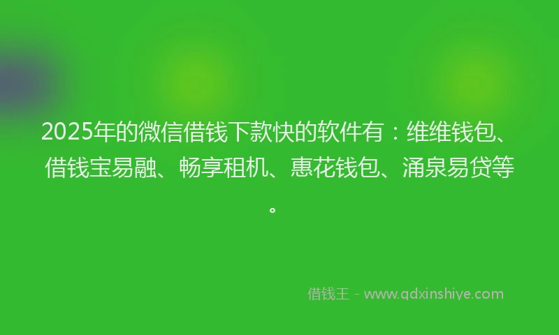 2025年的微信借钱下款快的软件有：维维钱包、借钱宝易融、畅享租机、惠花钱包、涌泉易贷等。