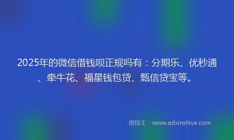 2025年的微信借钱呗正规吗有：分期乐、优秒通、牵牛花、福星钱包贷、甄信贷宝等。