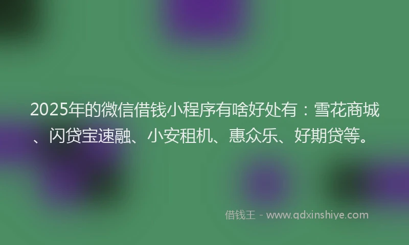 2025年的微信借钱小程序有啥好处有：雪花商城、闪贷宝速融、小安租机、惠众乐、好期贷等。