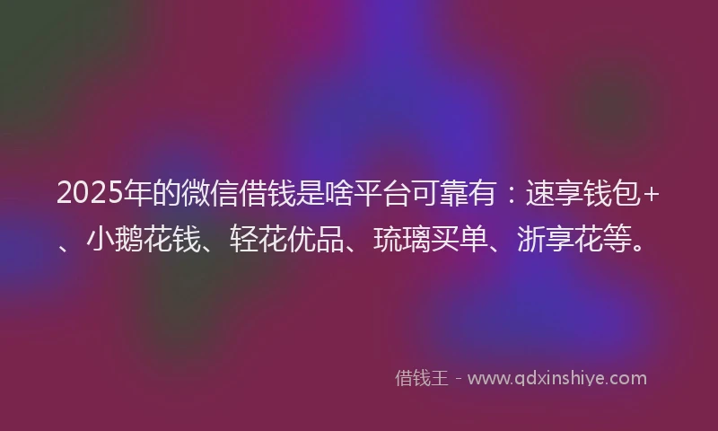 2025年的微信借钱是啥平台可靠有：速享钱包+、小鹅花钱、轻花优品、琉璃买单、浙享花等。