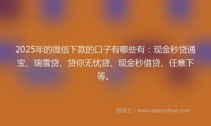 2025年的微信下款的口子有哪些有：现金秒贷通宝、瑞雪贷、贷你无忧贷、现金秒借贷、任意下等。